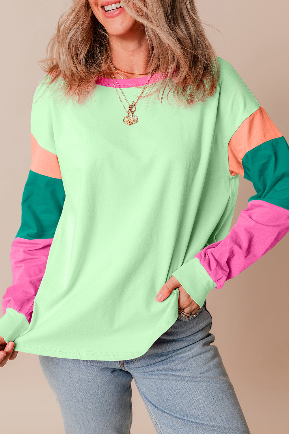 Green Colorblock Patchwork Long Sleeve Loose Top - Glimmer Road 