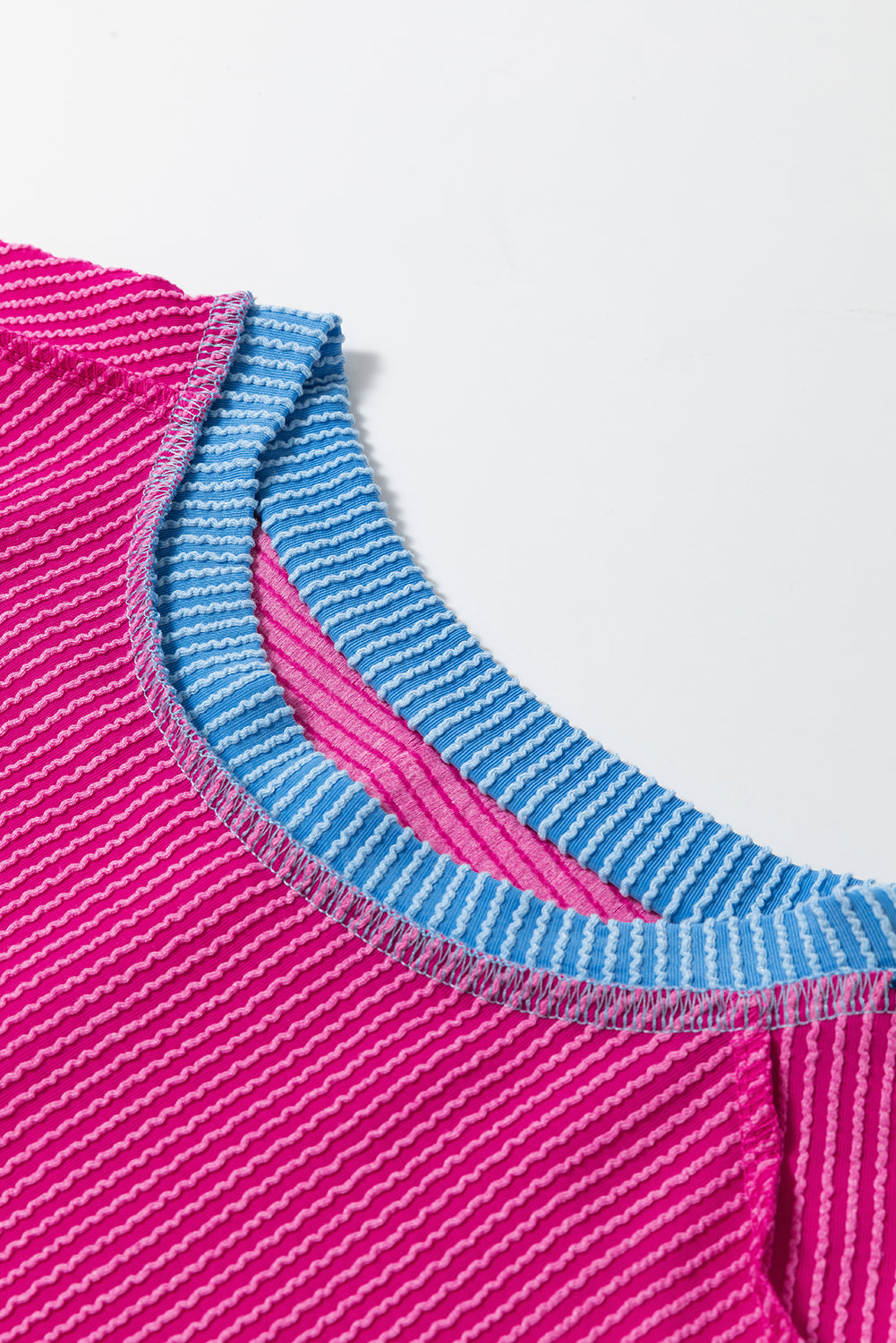 Bright Pink Textured Contrast Trim Round Neck T Shirt