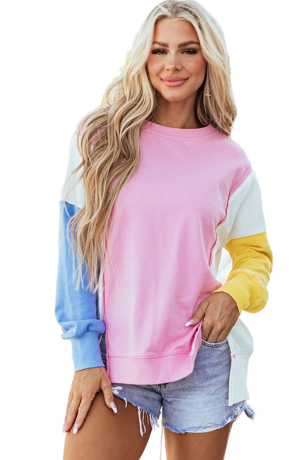 Bonbon Color Block Exposed Seam Side Slits Crewneck Sweatshirt - Glimmer Road 