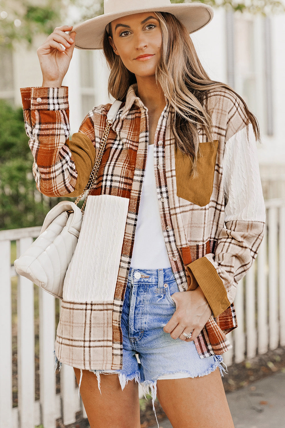 Orange Plaid Color Block Patchwork Shirt Jacket with Pocket - Glimmer Road 