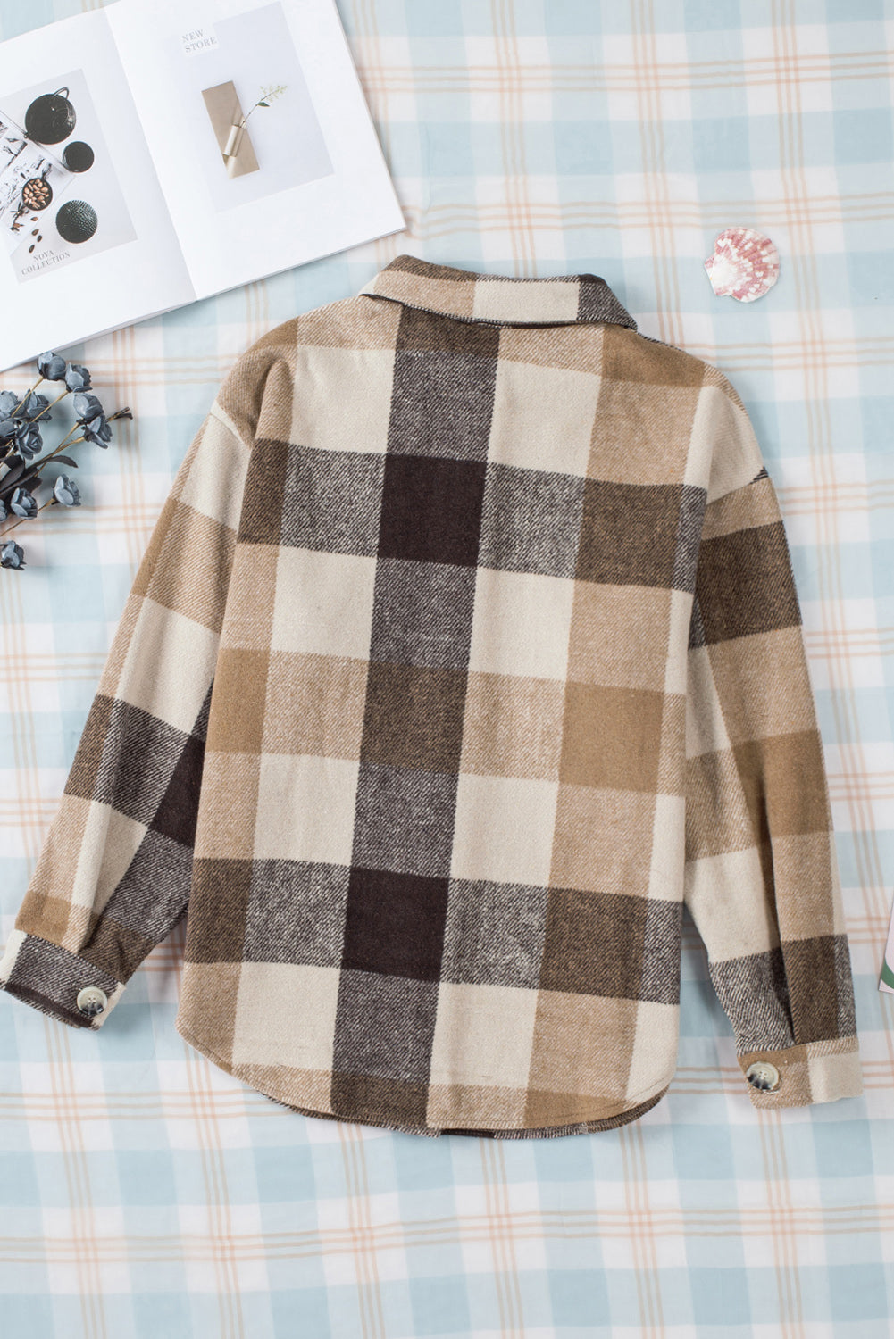 Khaki Plaid Color Block Buttoned Long Sleeve Jacket with Pocket - Glimmer Road 