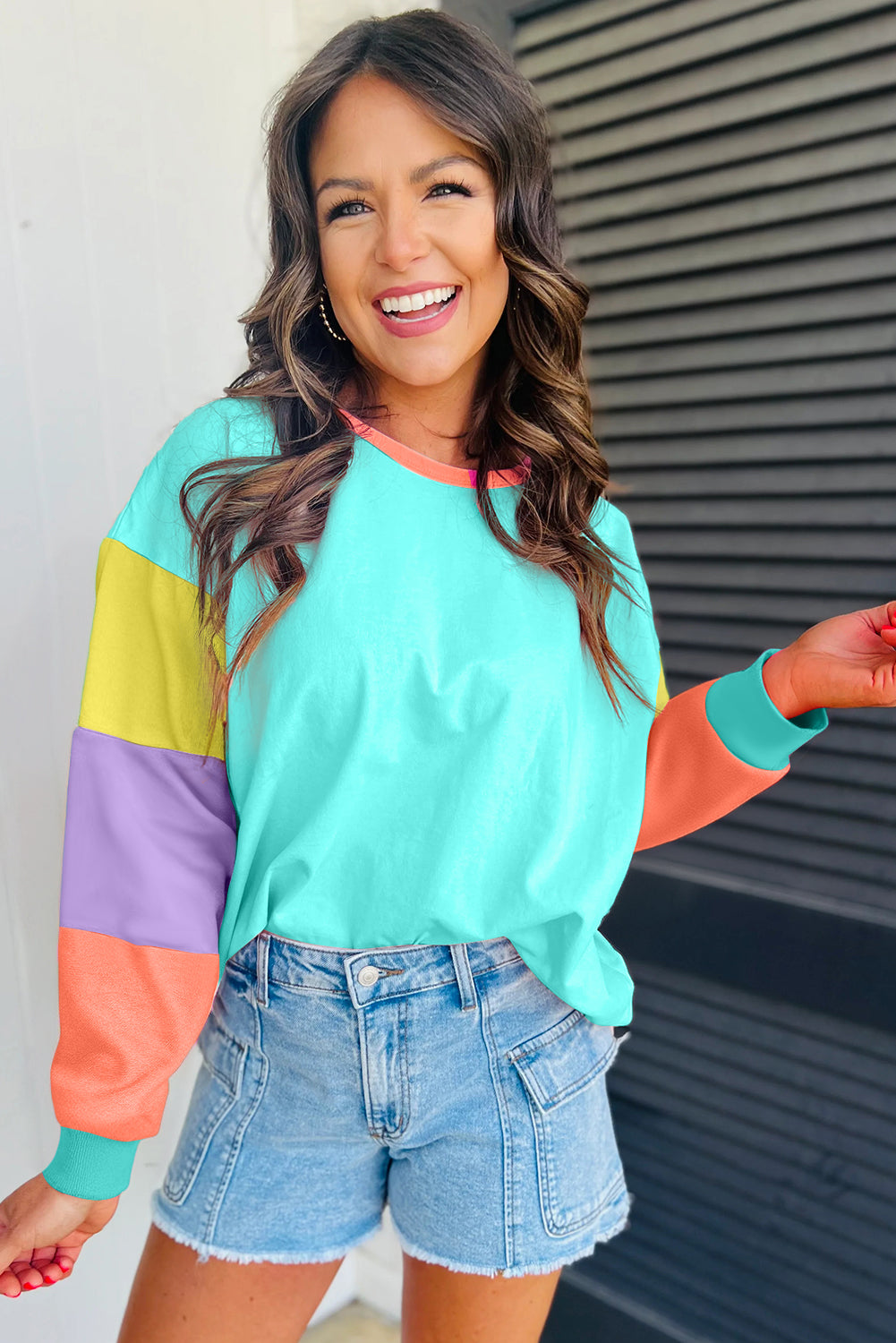 Light Blue Colorblock Patchwork Long Sleeve Loose Top - Glimmer Road 