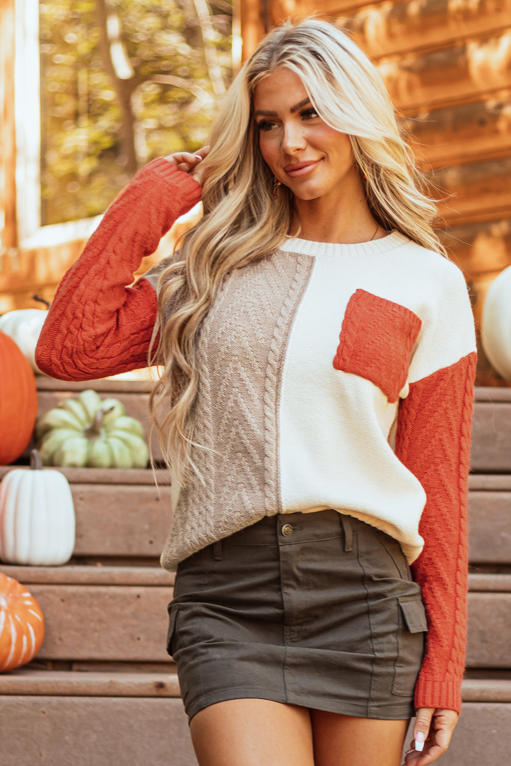 Gold Flame Colorblock Patched Pocket Drop Shoulder Sweater - Glimmer Road 