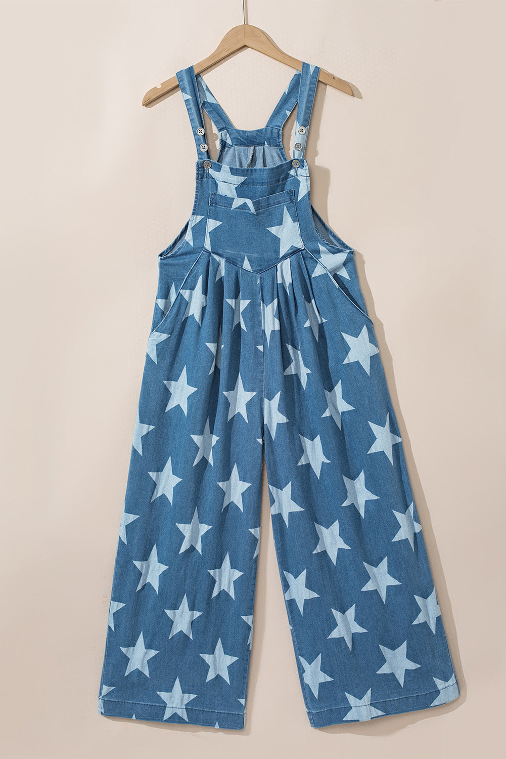 Star Print Buttoned Strap Pleat Wide Leg Denim Overall - Glimmer Road 