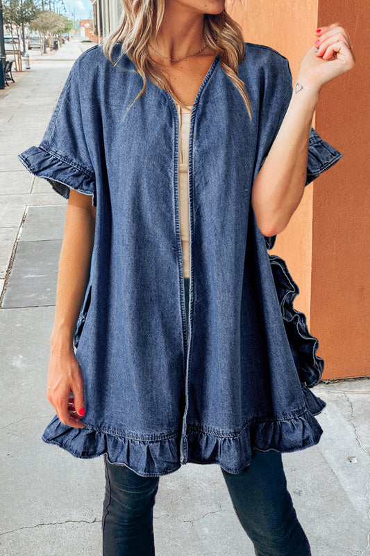 Dusk Blue Chambray Ruffle Hem Half Sleeve Open Loose Kimono - Glimmer Road 