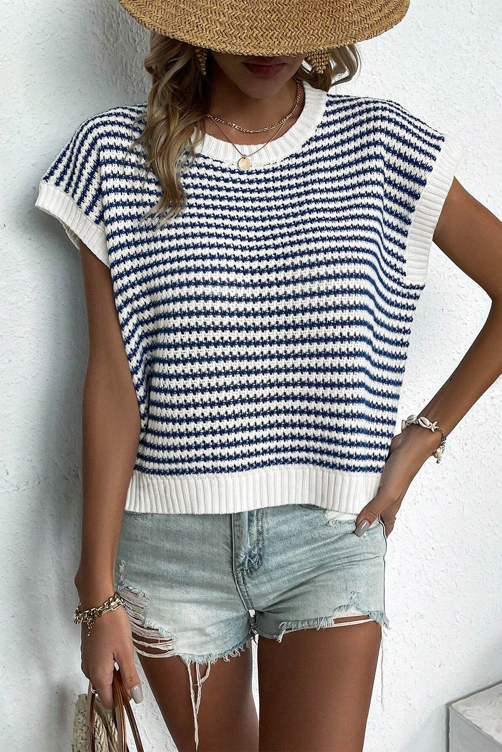 Blue Stripe Ribbed Trim Loose Fit Knitted Sweater Vest - Glimmer Road 