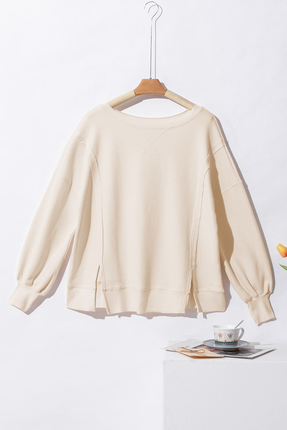 White Waffle Knit Bishop Sleeve Split Oversized Sweatshirt - Glimmer Road 