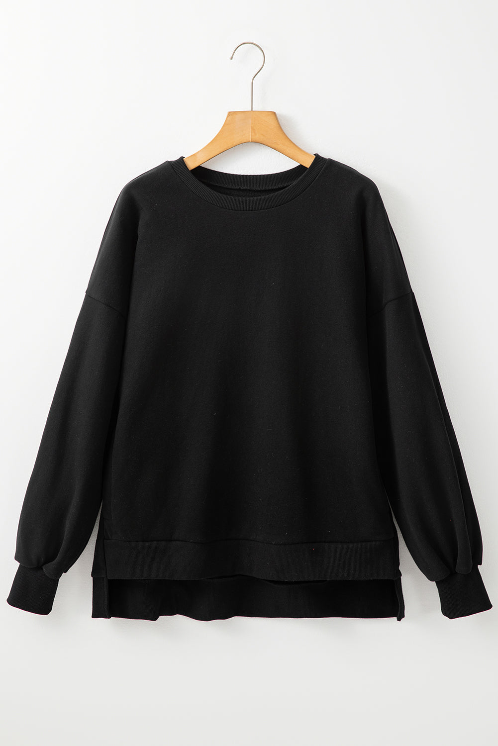 Black Solid Fleece Lined Drop Shoulder High Low Sweatshirt