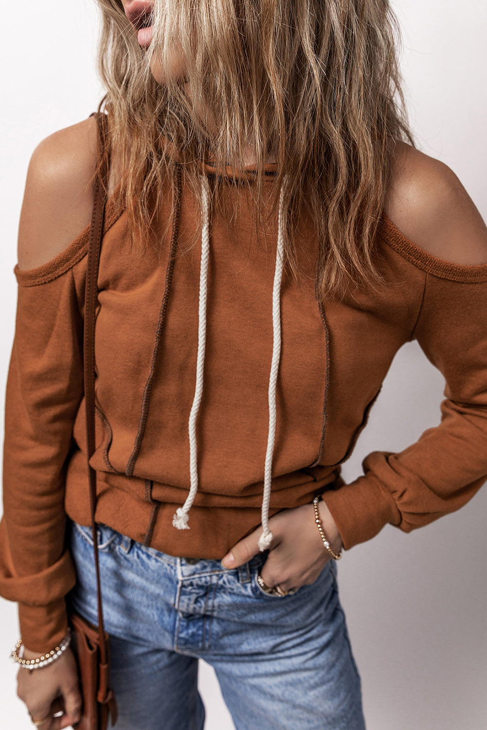 Black Exposed Seam Cold Shoulder Drawstring Hoodie - Glimmer Road 