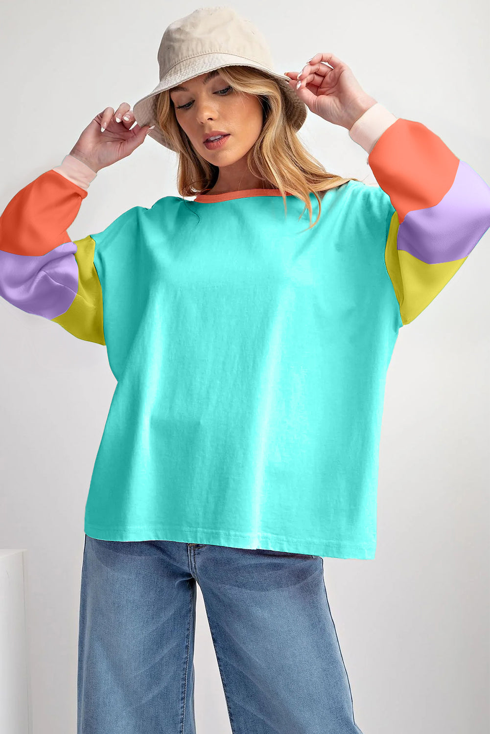 Light Blue Colorblock Patchwork Long Sleeve Loose Top - Glimmer Road 