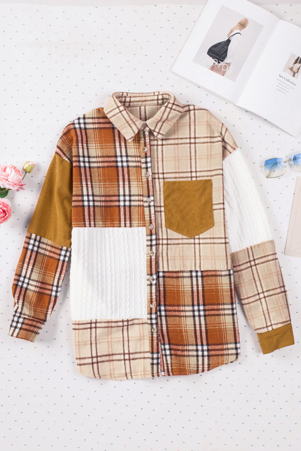 Orange Plaid Color Block Patchwork Shirt Jacket with Pocket - Glimmer Road 