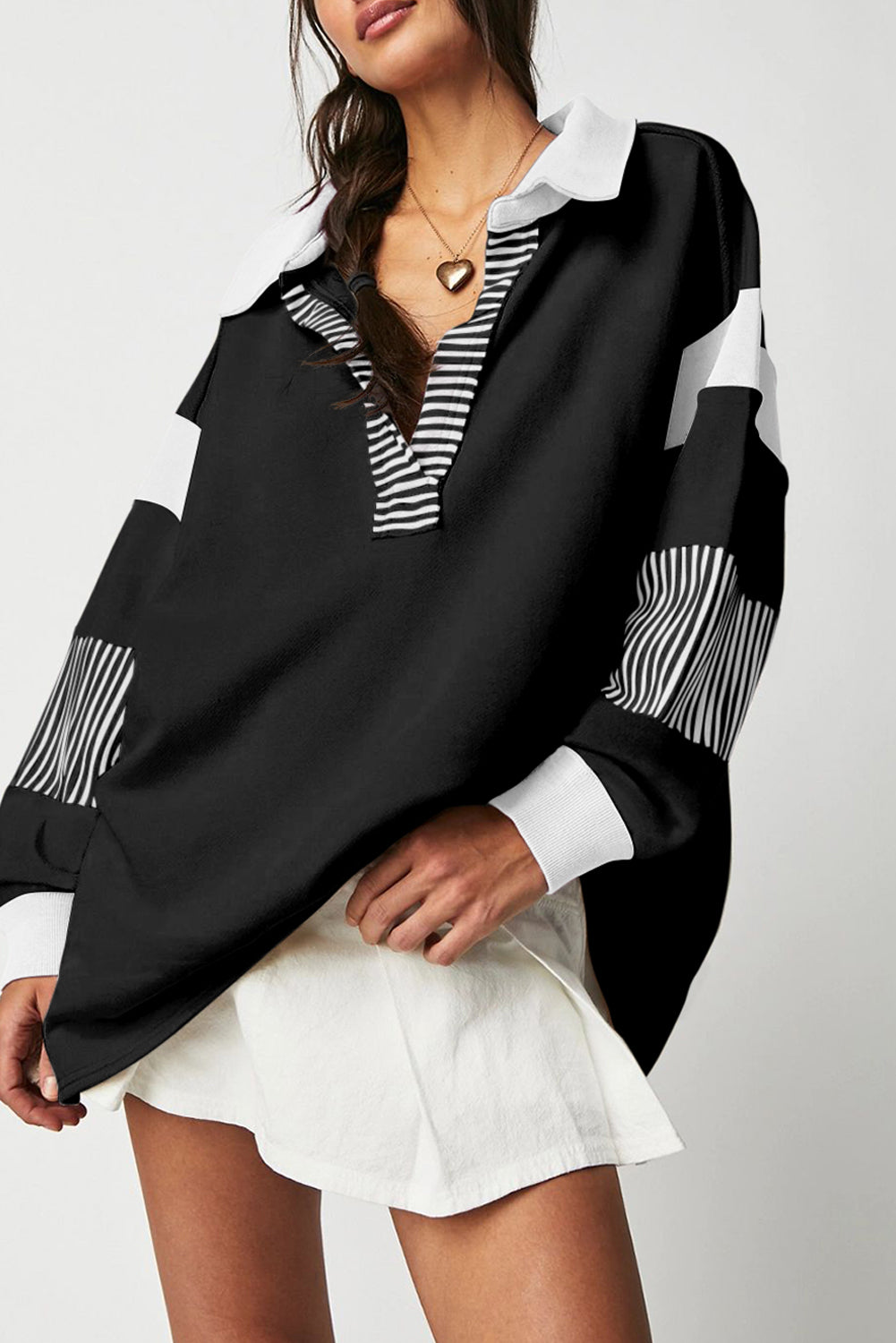 Black Striped Colorblock Patchwork Collar Sweatshirt - Glimmer Road 