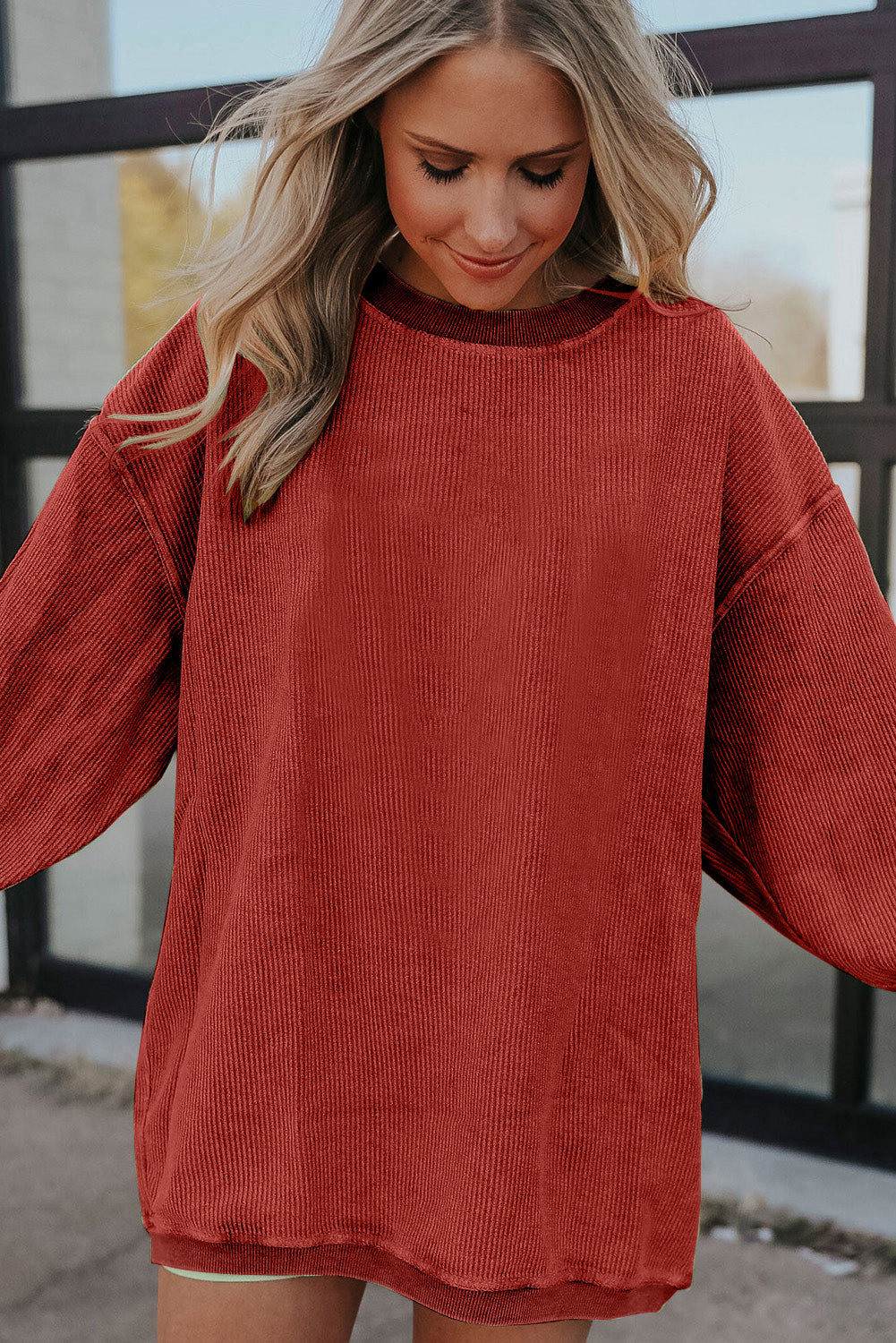 Racing Red Ribbed Corduroy Oversized Sweatshirt - Glimmer Road 