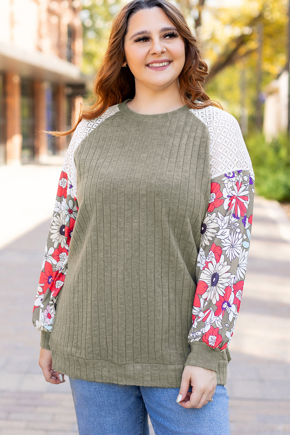 Vineyard Green Plus Size Textured Floral Patchwork Raglan Sleeve Blouse - Glimmer Road 
