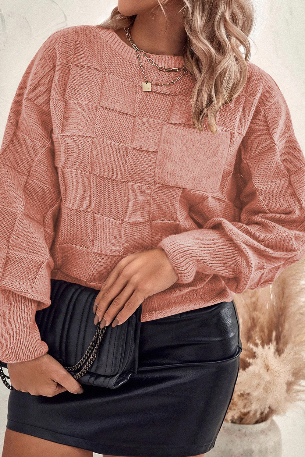 Light French Beige Solid Checkered Textured Knit Plus Size Sweater - Glimmer Road 