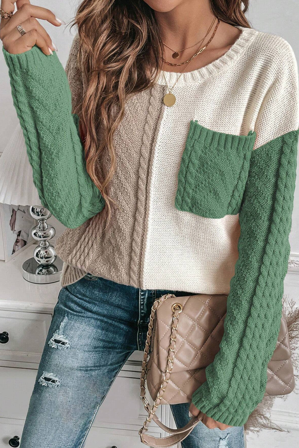 Vineyard Green Colorblock Patched Pocket Drop Shoulder Sweater - Glimmer Road 