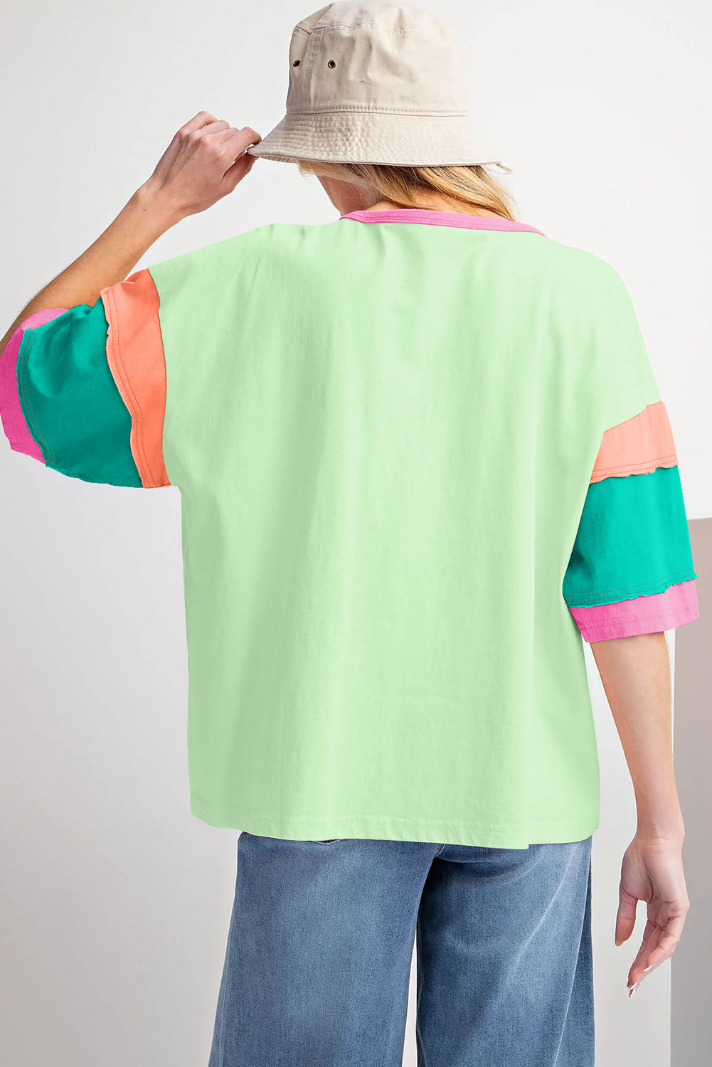 Green Color Block Stitching Sleeve Round Neck Oversize Top - Glimmer Road 