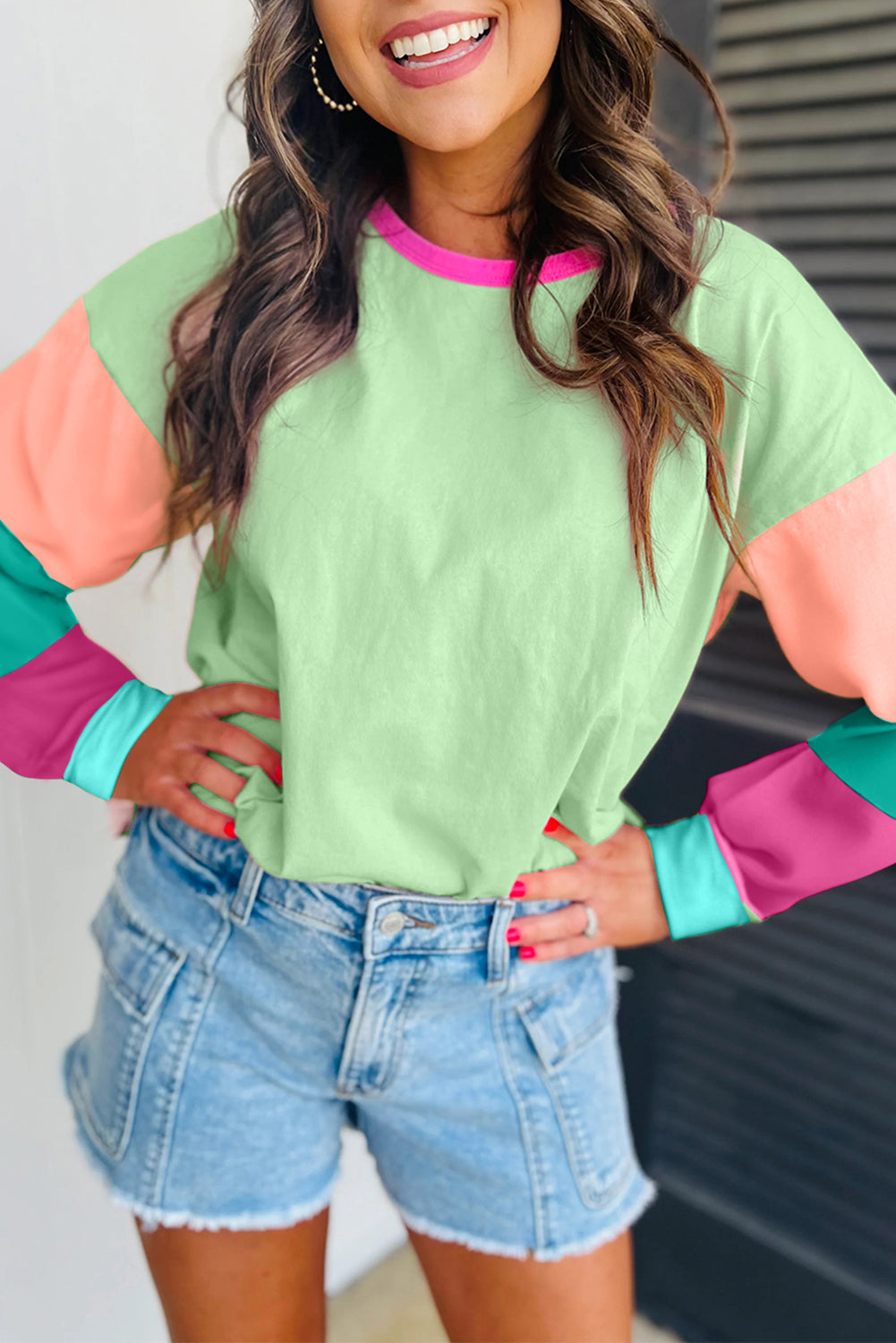 Green Colorblock Patchwork Long Sleeve Loose Top - Glimmer Road 