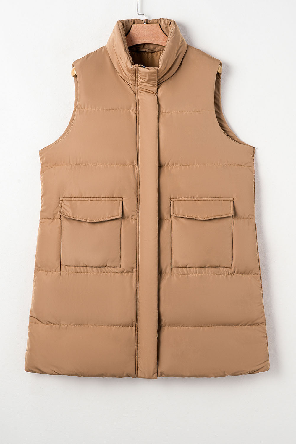 Coffee Windproof Longline Full Zipper Puffer Vest with Pockets