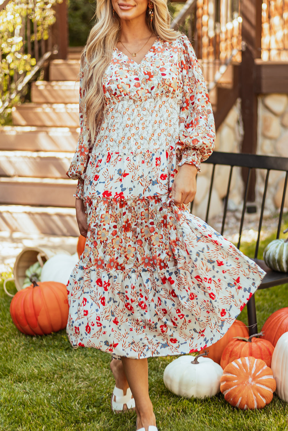 Khaki Floral Print Ruffled Tiered Long Sleeve V Neck Midi Dress - Glimmer Road 