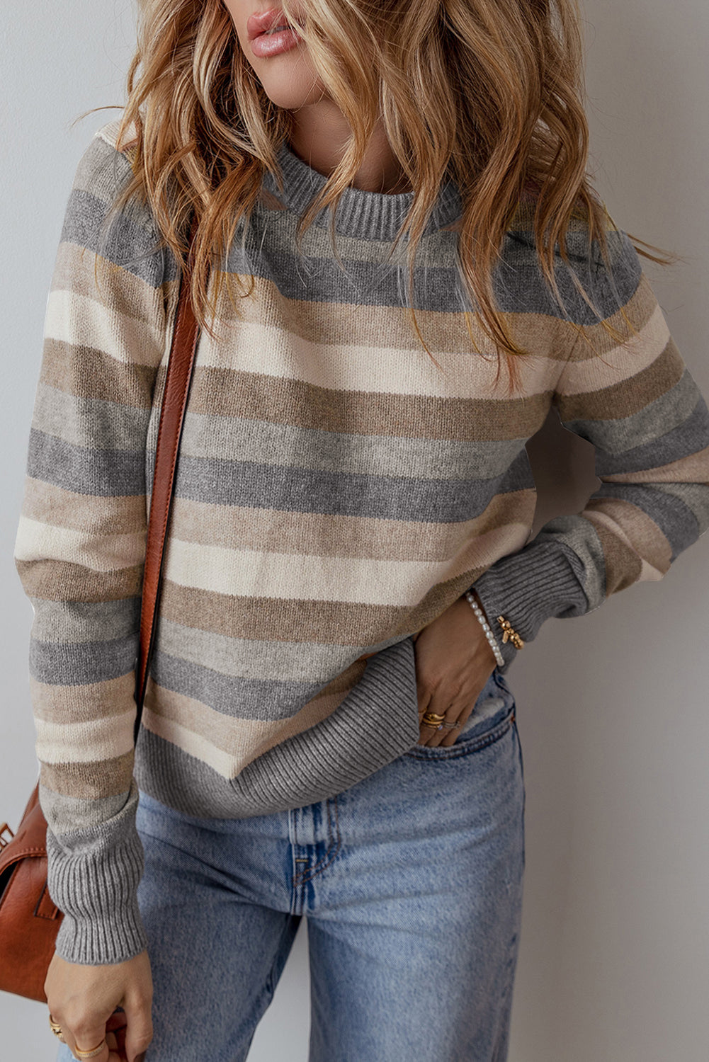 Orange Color Block Ribbed Edge Round Neck Sweater - Glimmer Road 
