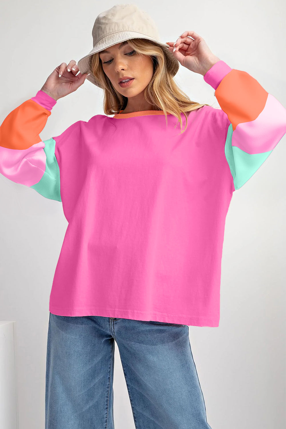 Rose Red Colorblock Patchwork Long Sleeve Loose Top - Glimmer Road 