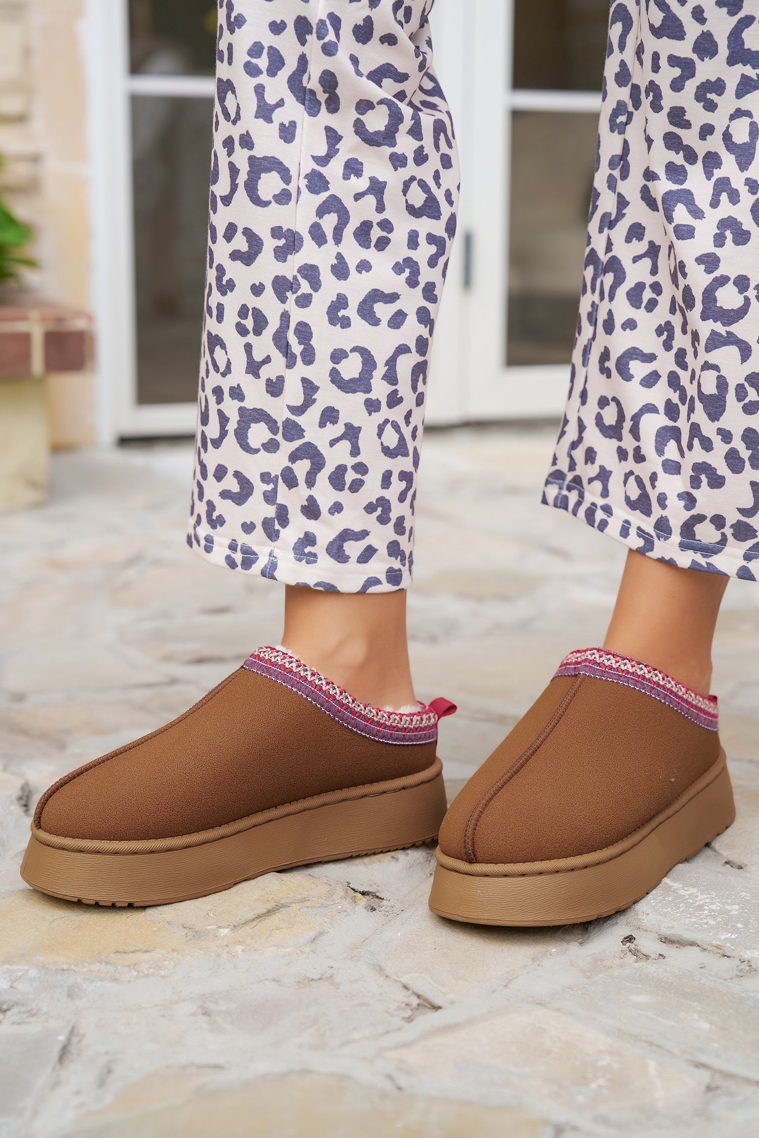 Chestnut Contrast Print Suede Plush Lined Snow Boots - Glimmer Road 