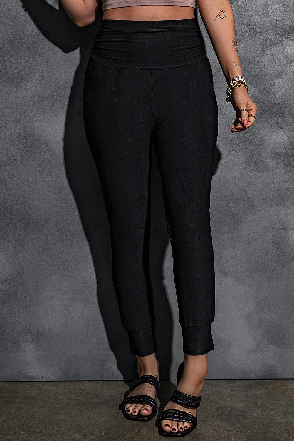 Black High Waist Pleated Pocket Leggings - Glimmer Road 