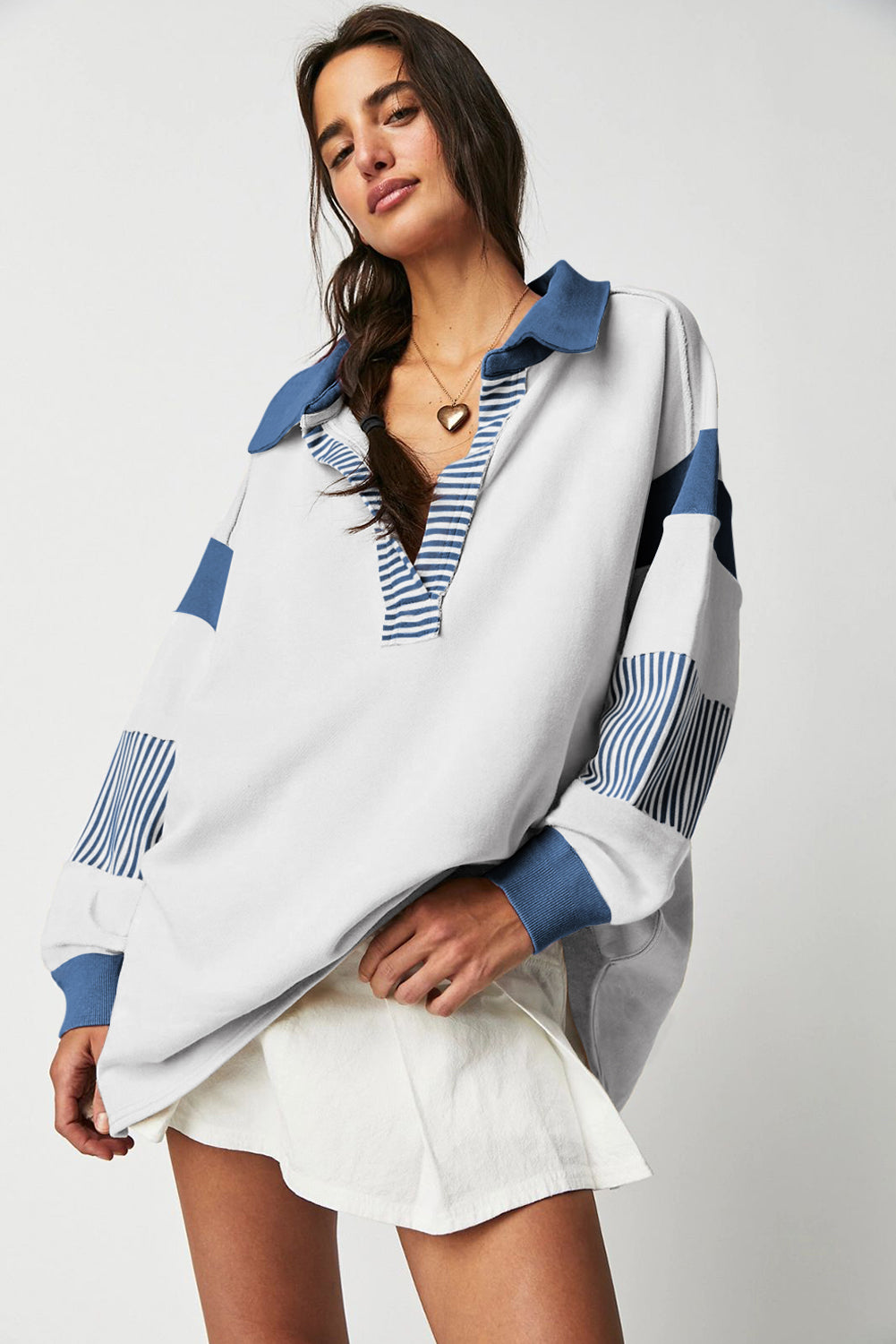 Sail Blue Striped Colorblock Patchwork Collar Sweatshirt