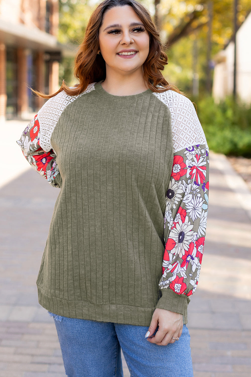 Vineyard Green Plus Size Textured Floral Patchwork Raglan Sleeve Blouse - Glimmer Road 