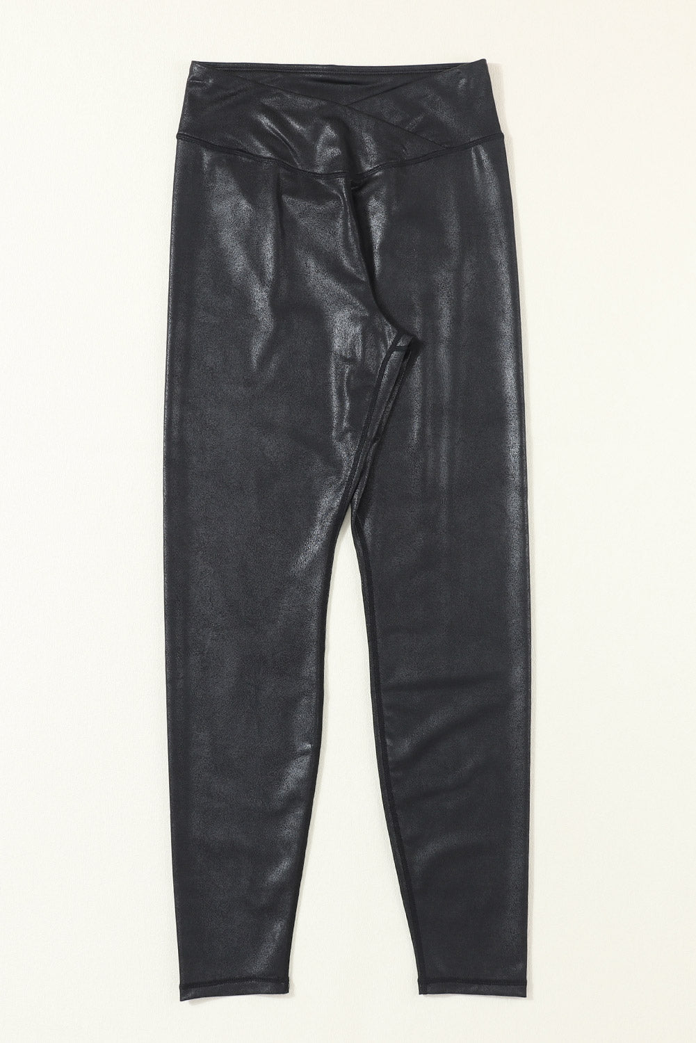 Black Crossed Dip Waist Sleek Leather Leggings - Glimmer Road 