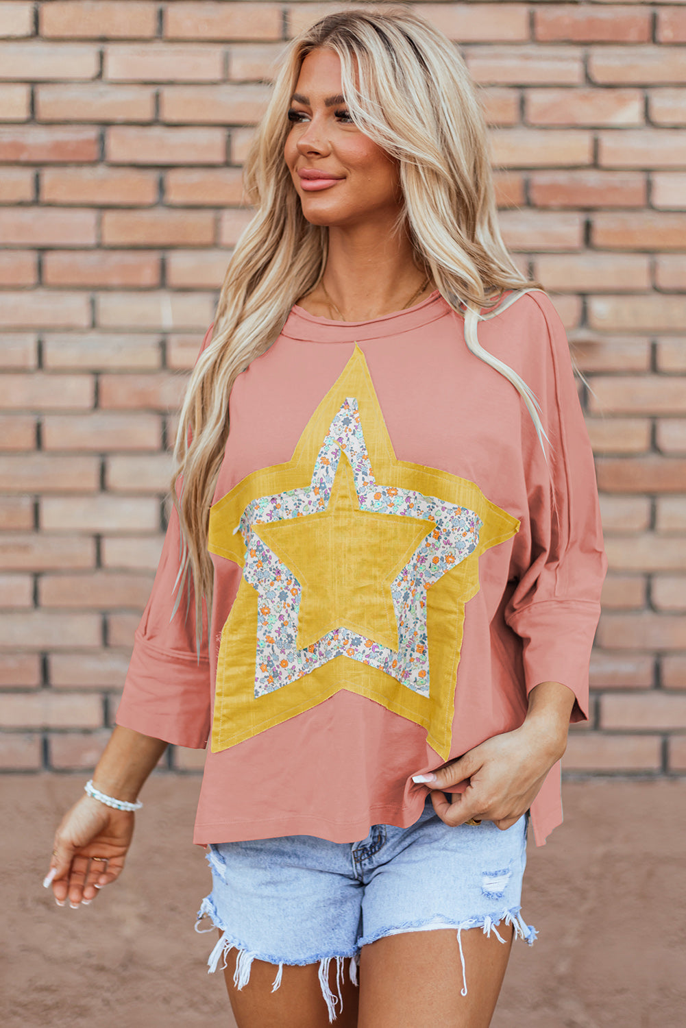 Rose Tan Floral Starbust Exposed Seam Mineral Wash Top - Glimmer Road 