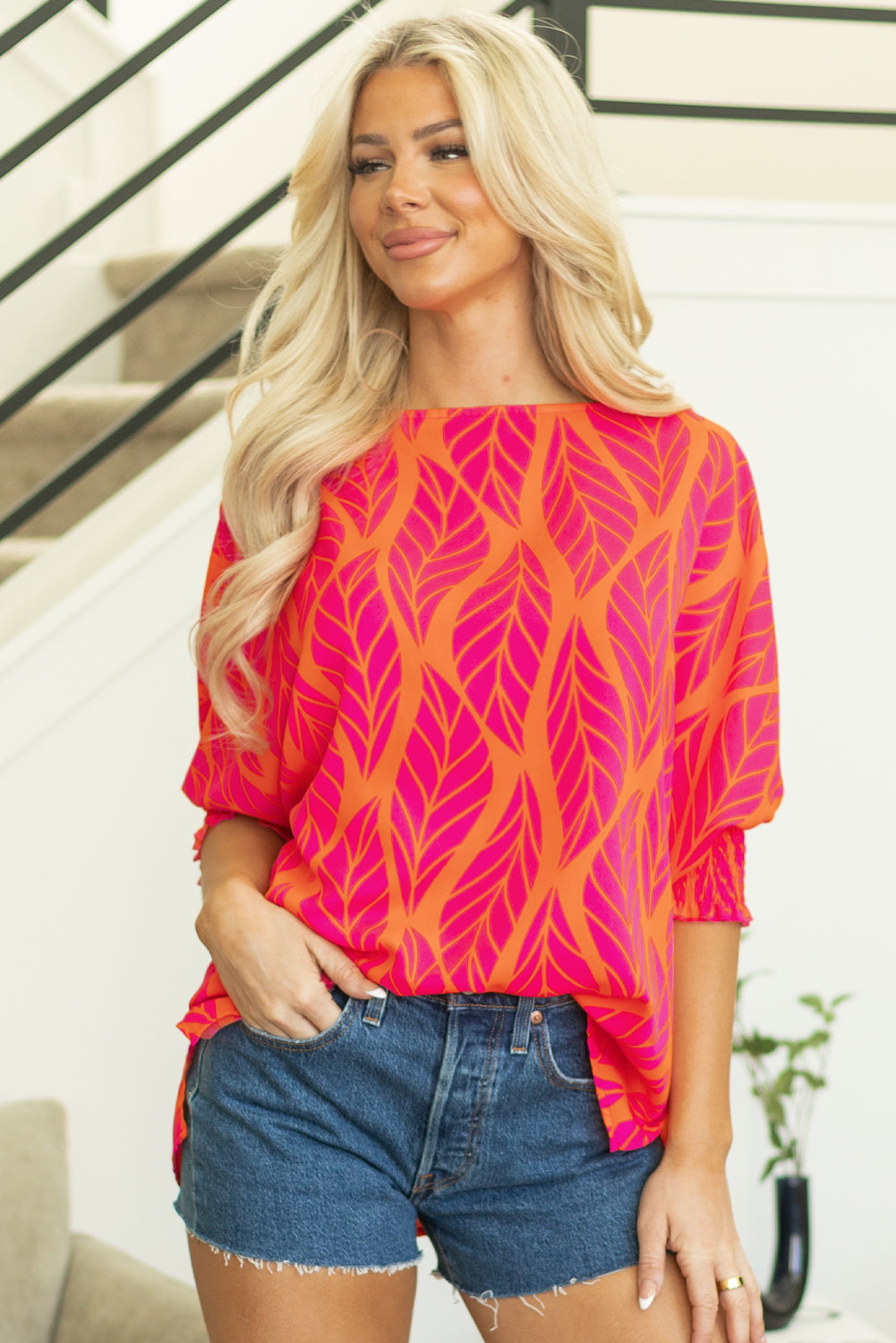 Rose Tropical Leaf Print Smocked Puff Sleeve Blouse - Glimmer Road 