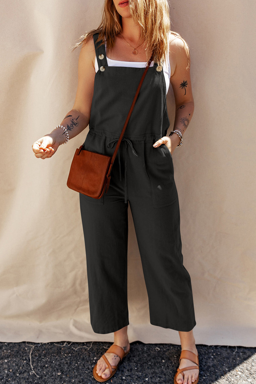 Black Drawstring Buttoned Straps Cropped Overall - Glimmer Road 