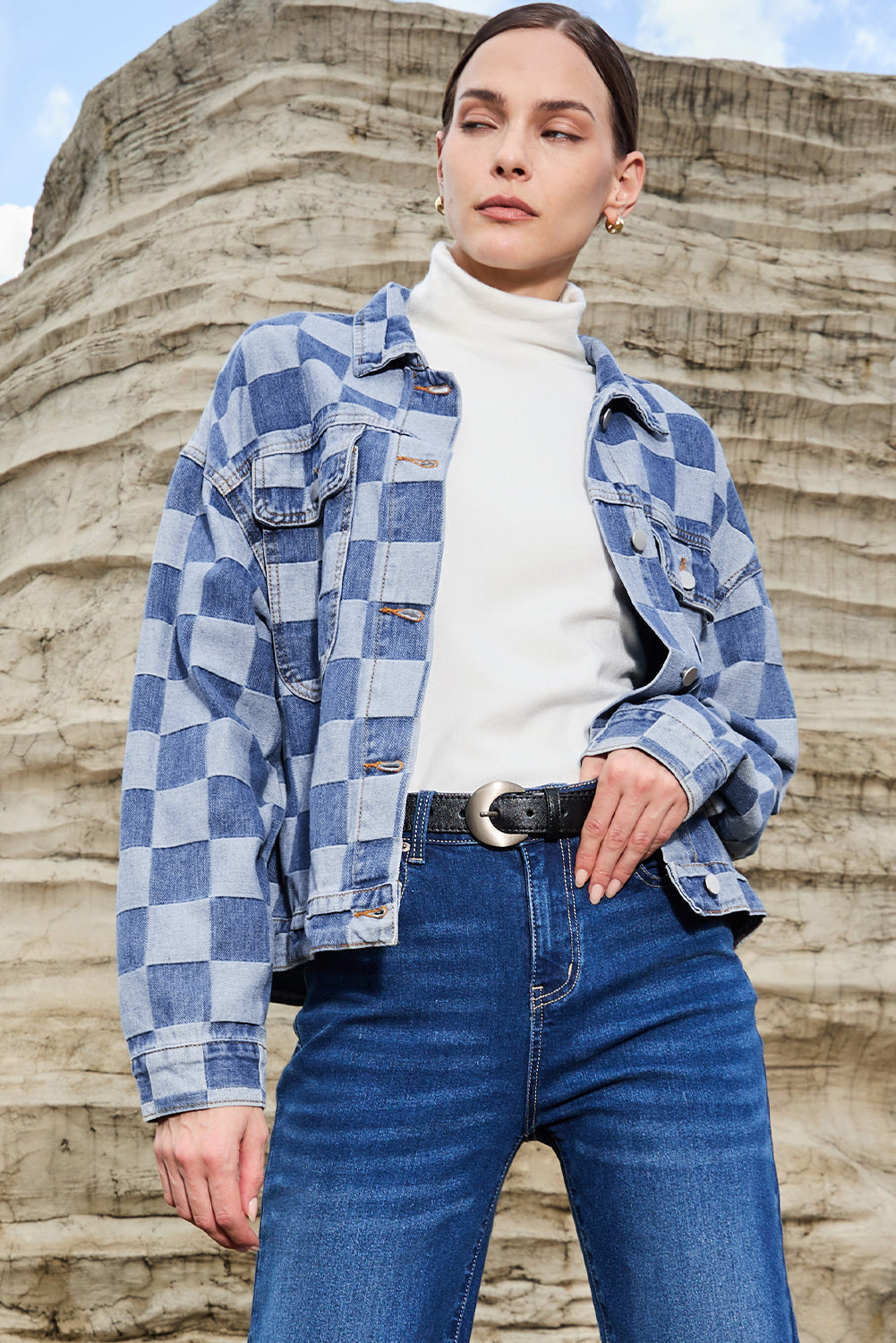 Light Blue Checkered Patchwork Button up Denim Jacket - Glimmer Road 