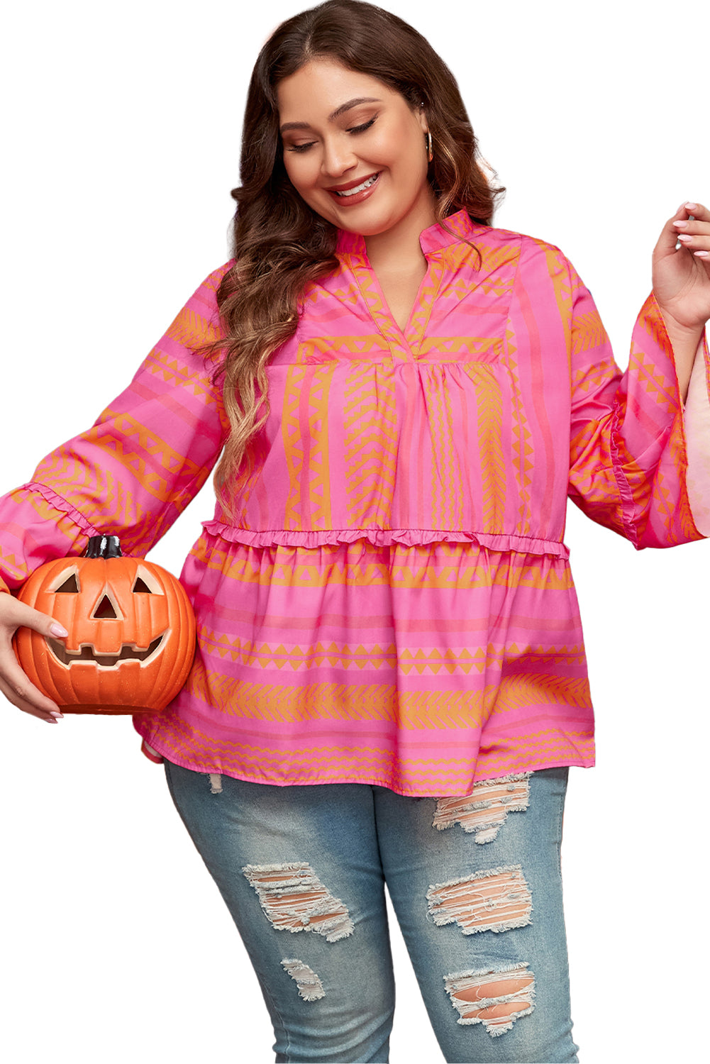 Vitality Orange Plus Size Geometric Embroidered Bell Sleeve Babydoll Blouse