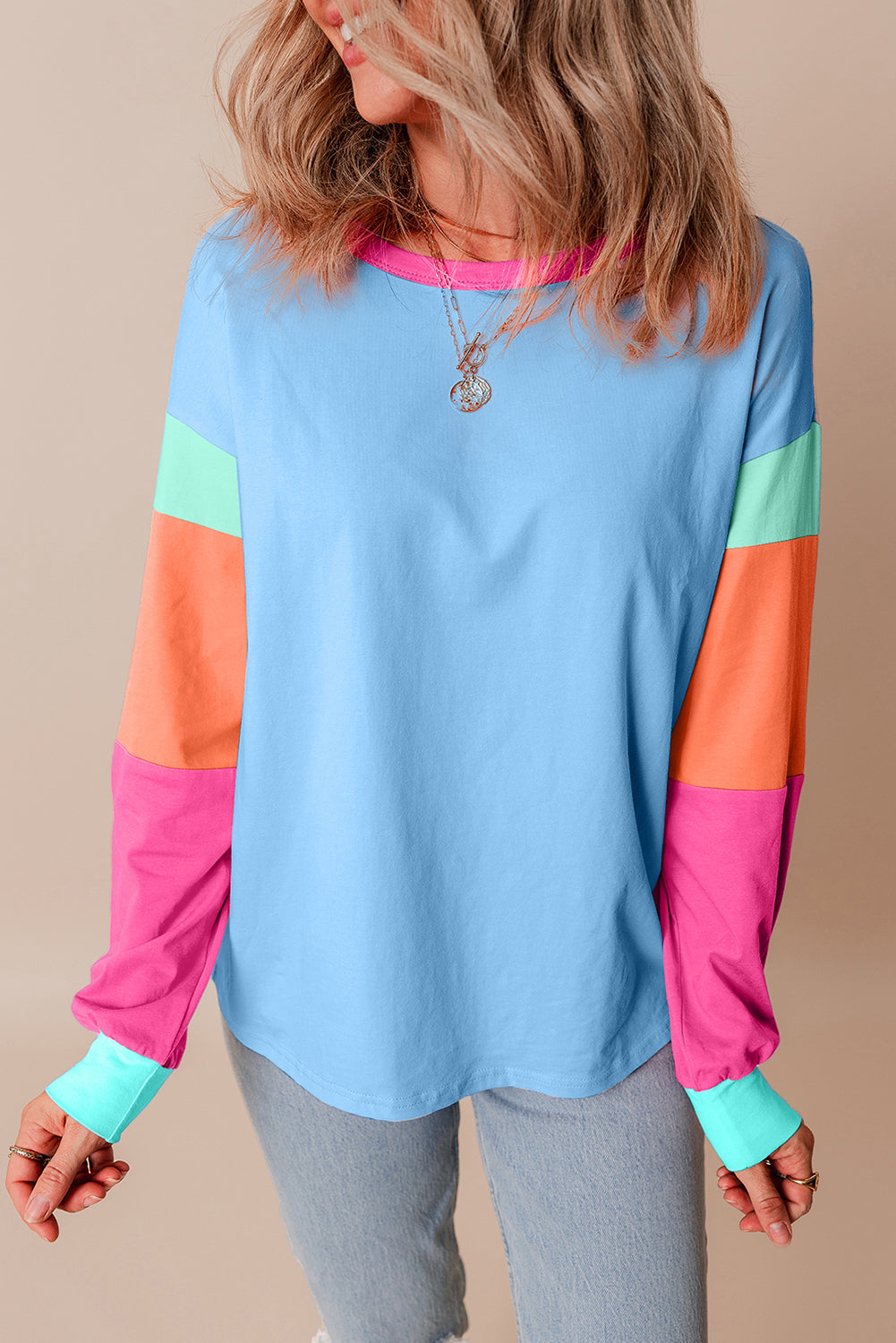 Dark Blue Colorblock Patchwork Long Sleeve Loose Top - Glimmer Road 