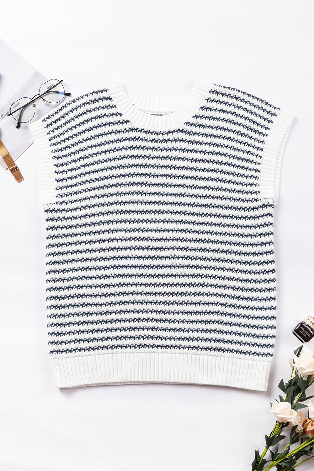 Blue Stripe Ribbed Trim Loose Fit Knitted Sweater Vest - Glimmer Road 