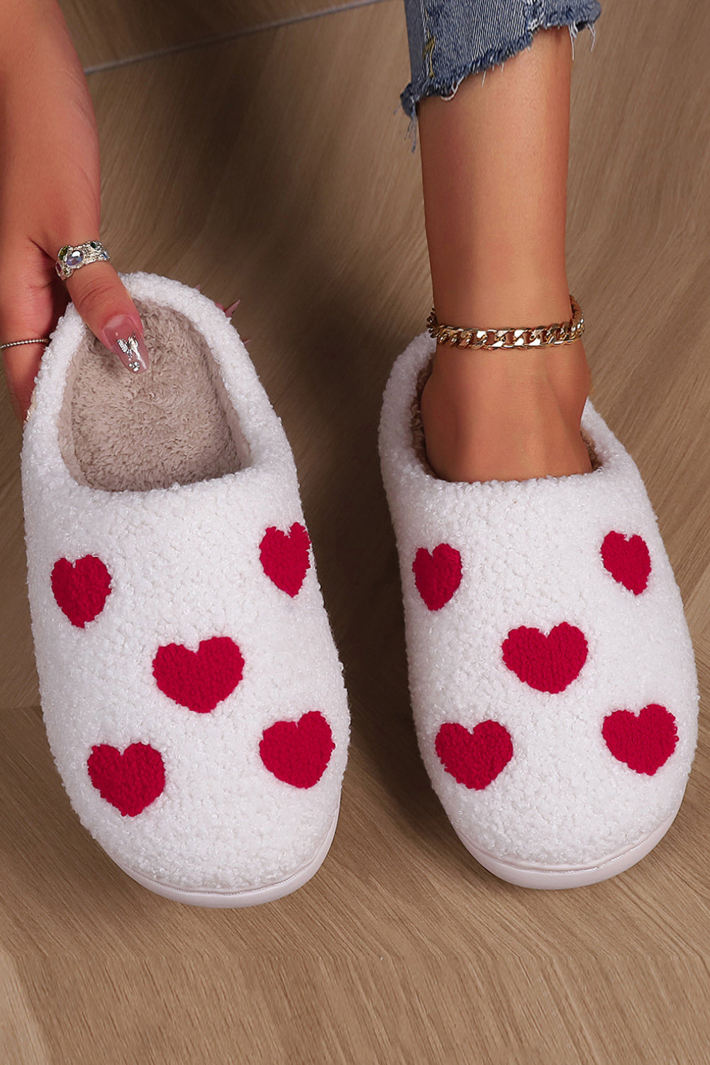 White Valentines Day Hearts Print Plush House Slippers - Glimmer Road 