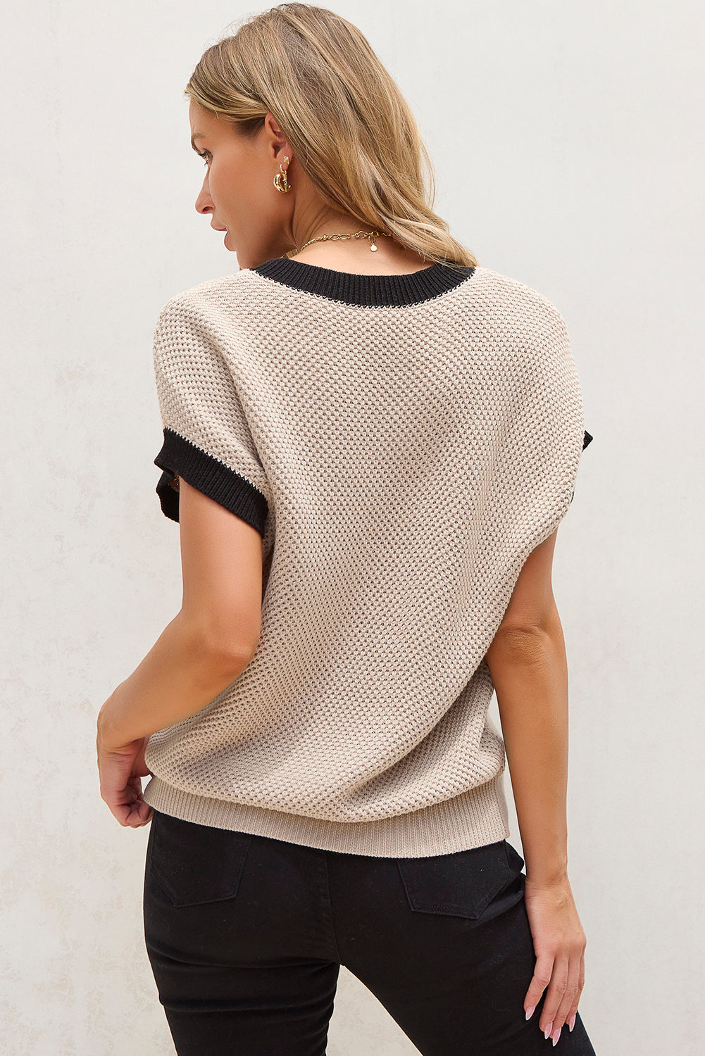 Light French Beige Contrast Trim Round Neck Batwing Sleeve Sweater Top - Glimmer Road 