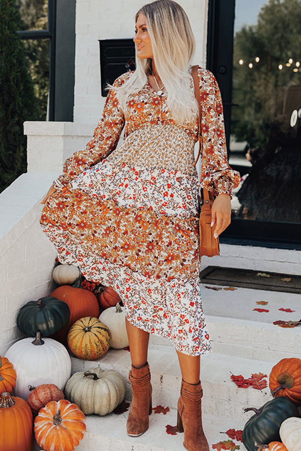 Khaki Floral Print Ruffled Tiered Long Sleeve V Neck Midi Dress - Glimmer Road 
