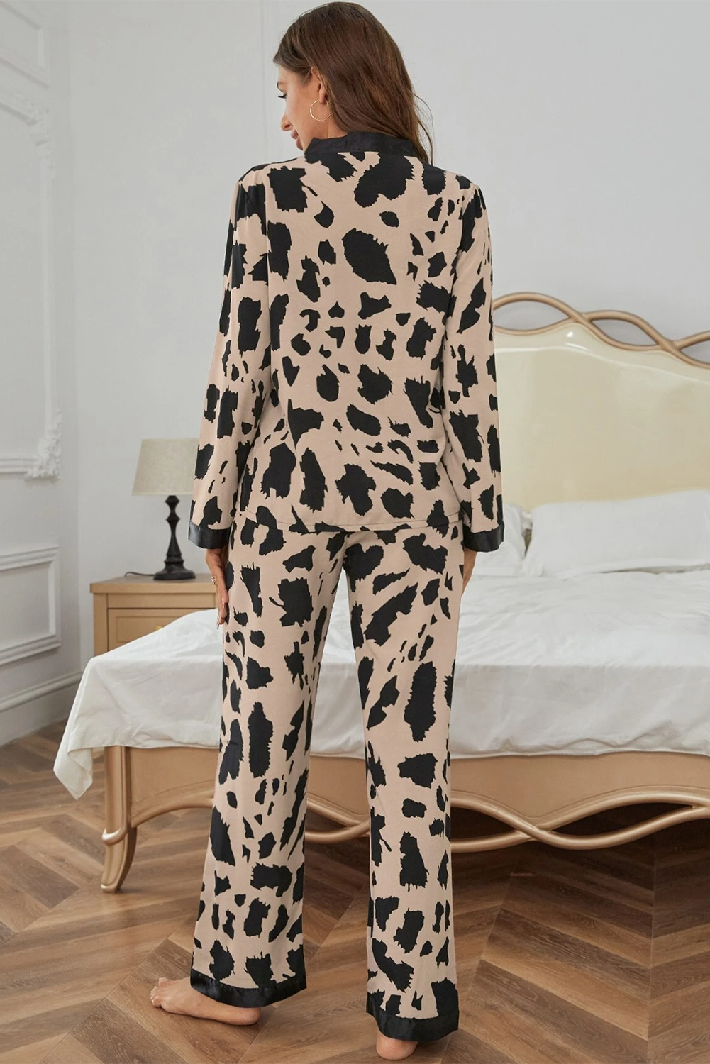 Khaki Cheetah Contrast Trim Loose Fit Two Piece Sleepwear - Glimmer Road 