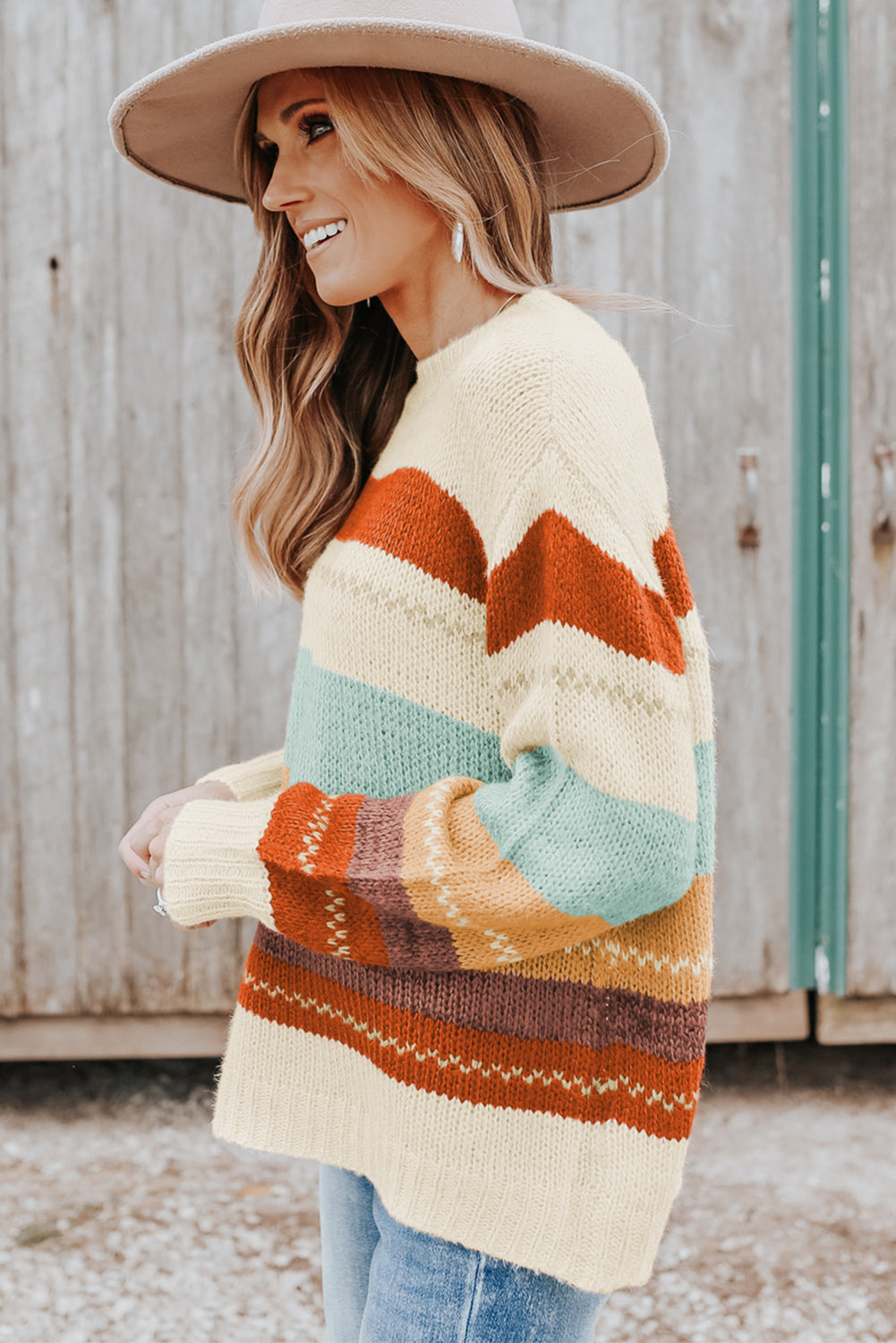 Crew Neck Drop-shoulder Striped Color Block Sweater - Glimmer Road 