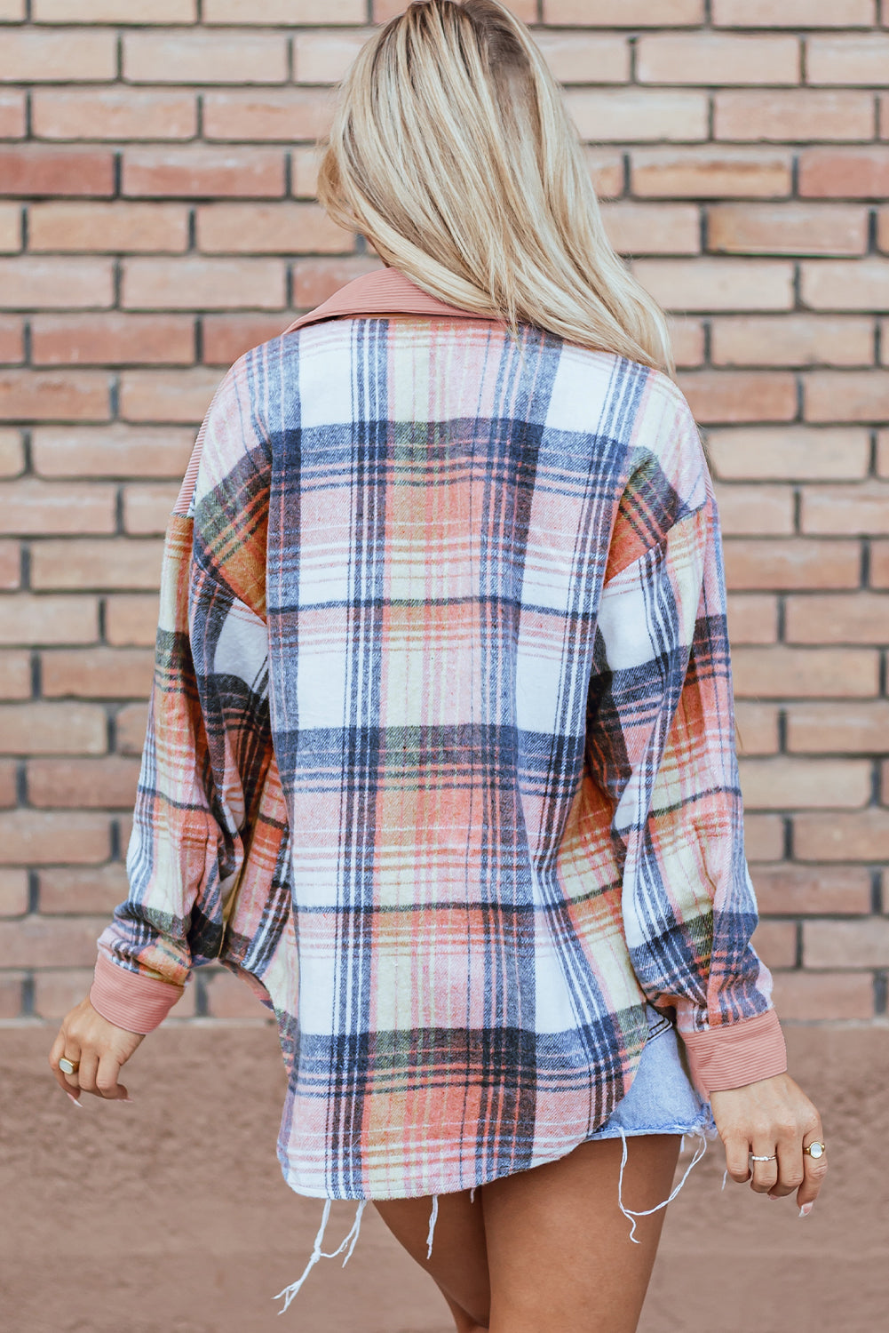 Light Pink Plaid Corduroy Patchwork Chest Pocket Shacket - Glimmer Road 