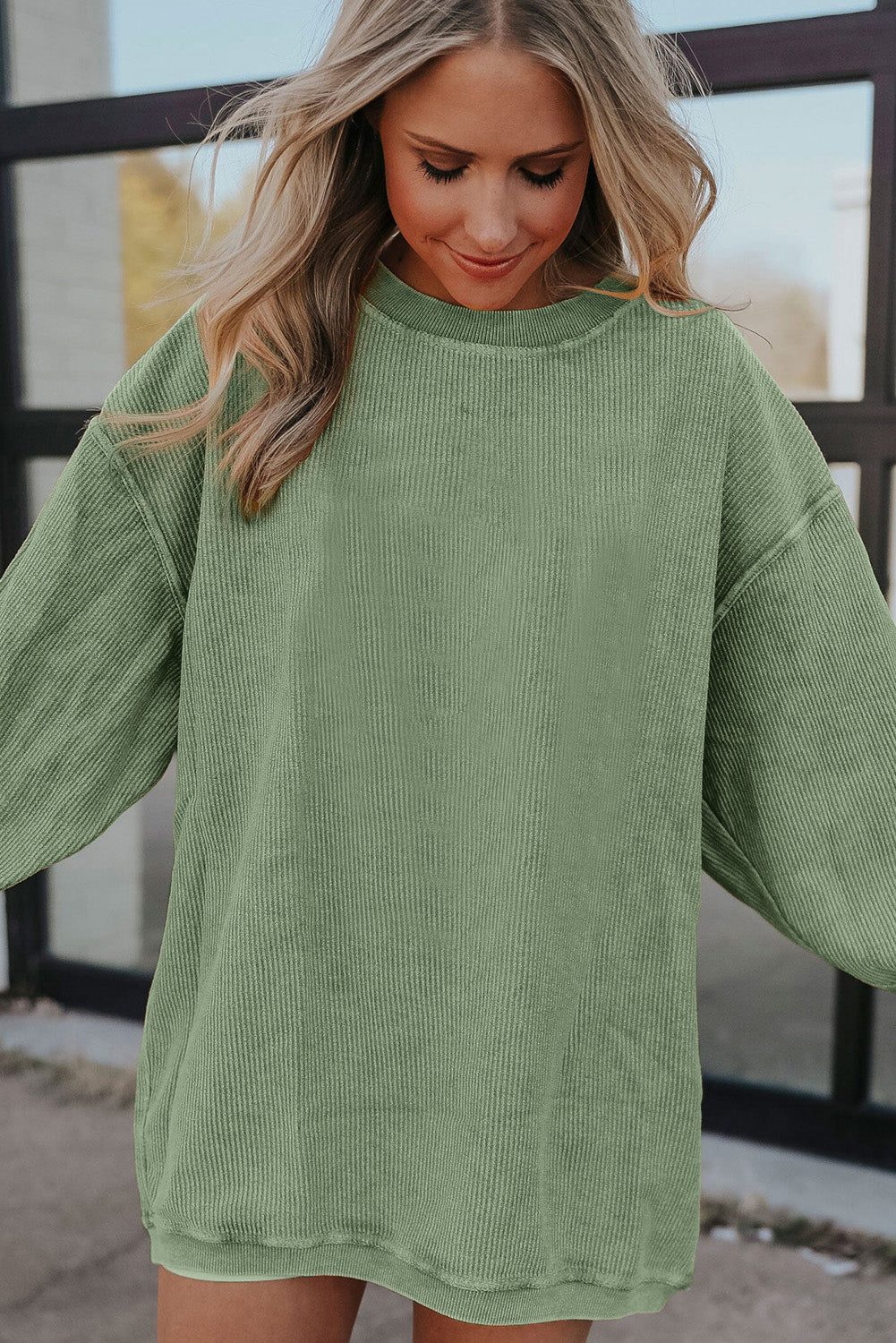 Grass Green Ribbed Corduroy Oversized Sweatshirt - Glimmer Road 