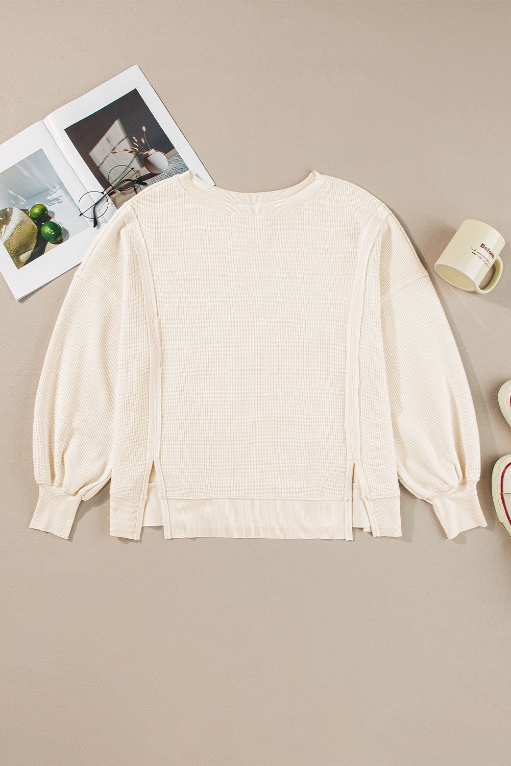 White Waffle Knit Bishop Sleeve Split Oversized Sweatshirt - Glimmer Road 