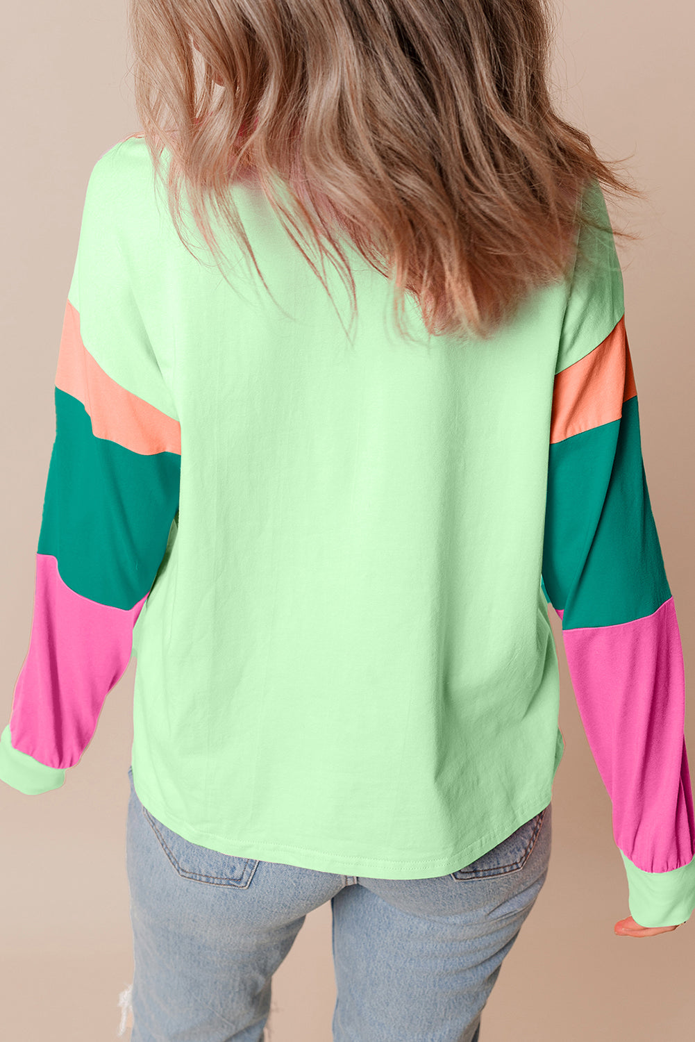 Green Colorblock Patchwork Long Sleeve Loose Top - Glimmer Road 