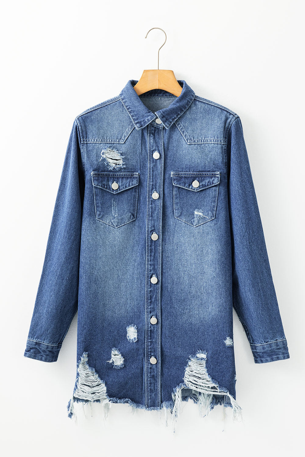 Sky Blue Mineral Wash Distressed Frayed Long Denim Jacket