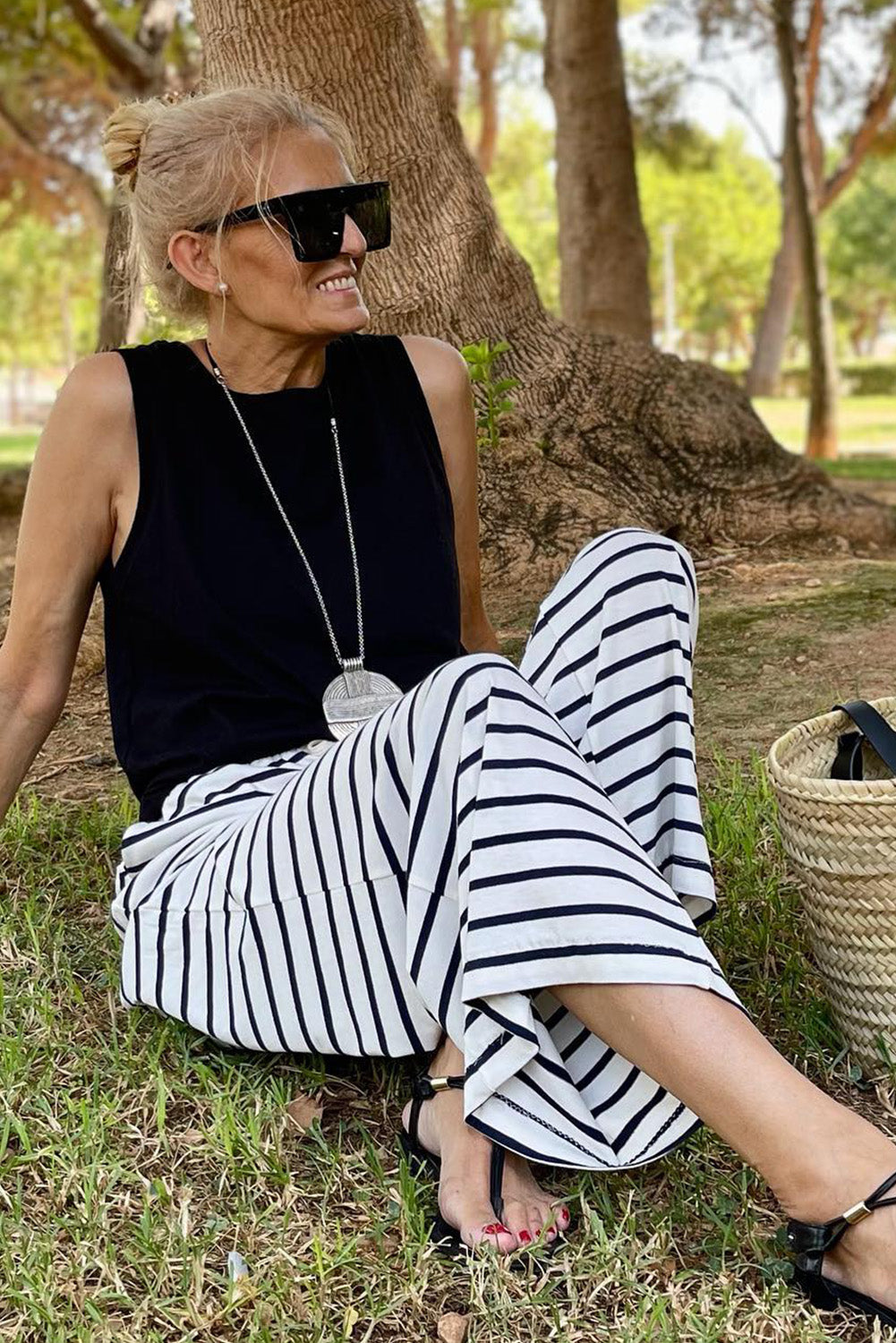 White Drawstring Striped Wide Leg Pants - Glimmer Road 