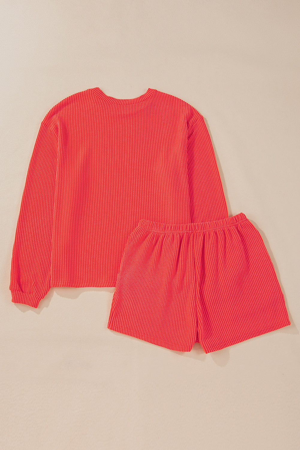 Parchment Corded Knit Long Sleeve Top and High Waist Shorts Set